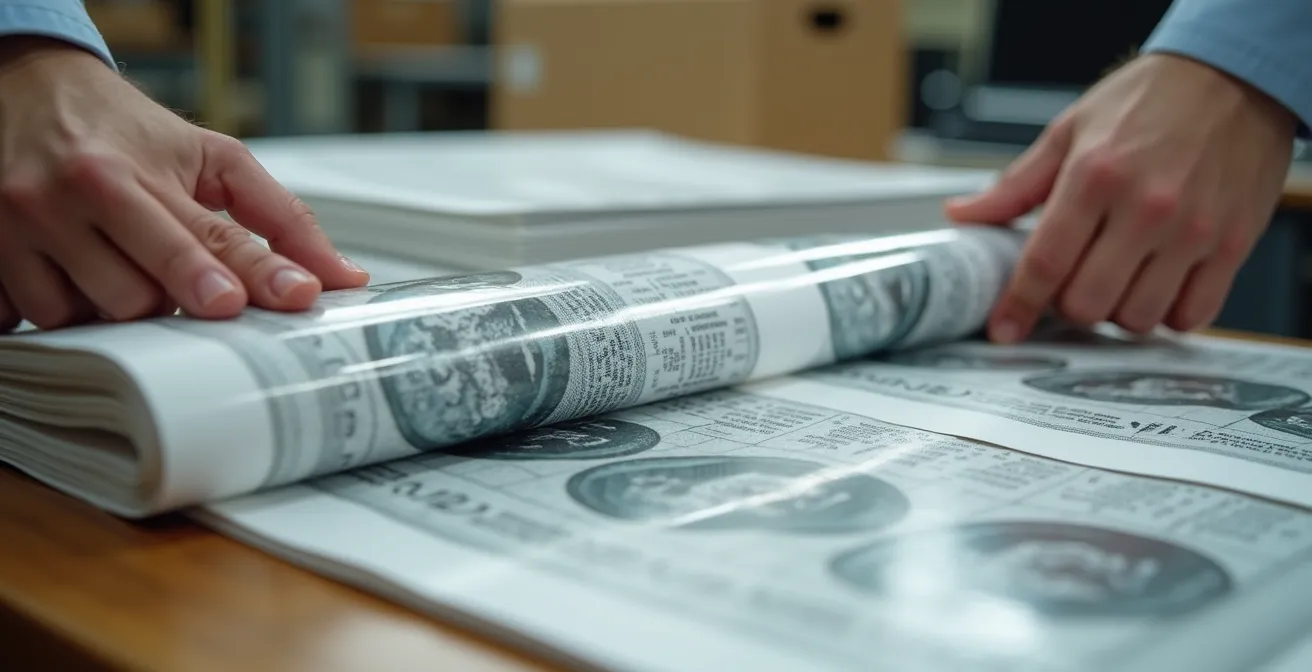 Préparation méticuleuse de documents imprimés dans leur emballage protecteur avant expédition