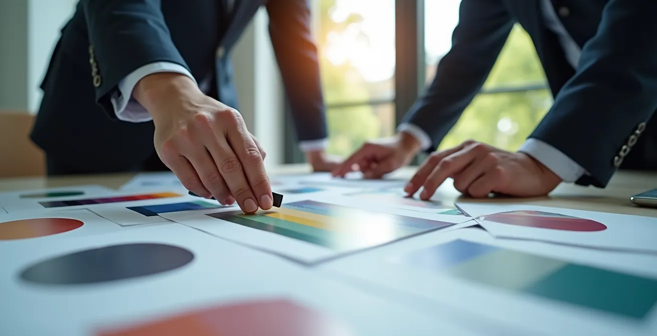 Consultant en impression professionnel examinant des épreuves couleur en collaboration avec un client