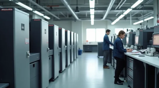 Vue d'ensemble d'un atelier d'imprimerie professionnel moderne avec machines offset et contrôle qualité