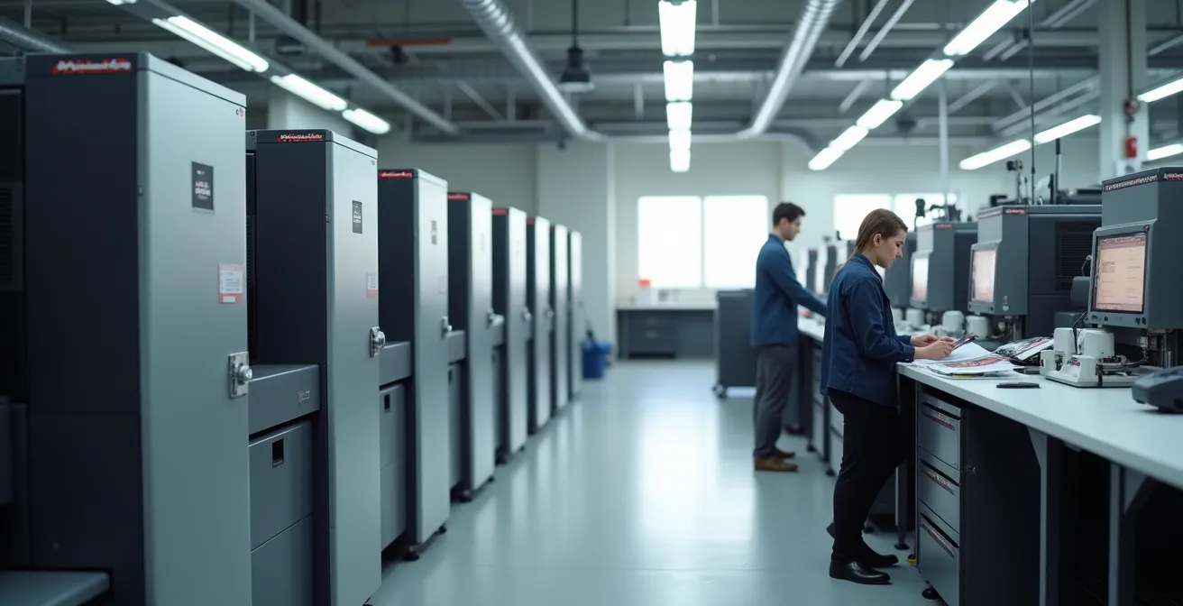 Vue d'ensemble d'un atelier d'imprimerie professionnel moderne avec machines offset et contrôle qualité