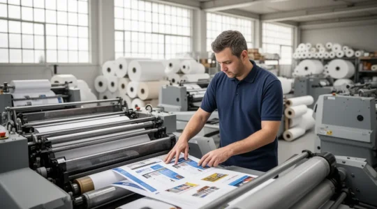 Technicien vérifiant sortie impression sur presse offset dans atelier moderne