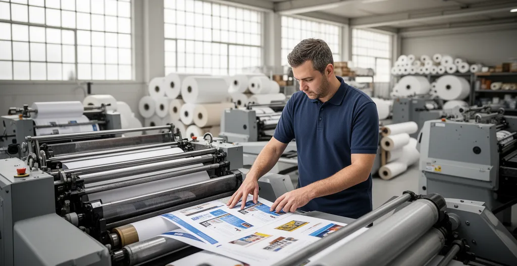 Technicien vérifiant sortie impression sur presse offset dans atelier moderne