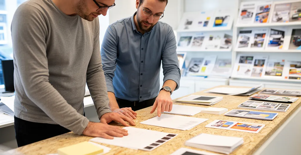 Client et professionnel consultant échantillons de papier sur comptoir