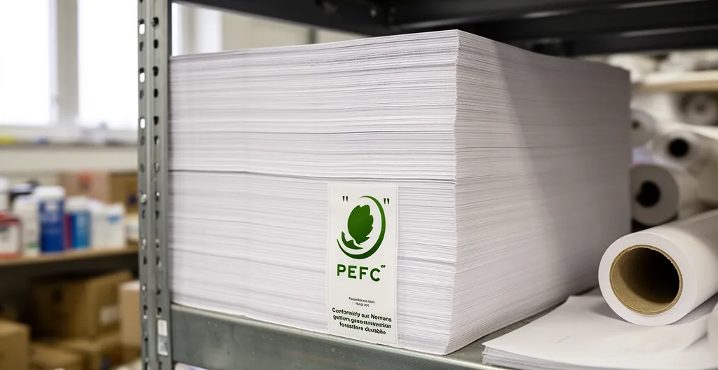 Pile de rames de papier avec étiquette certification PEFC