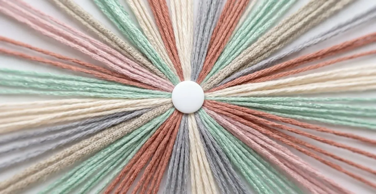 Fils multicolores de textures différentes (lin, soie, coton) convergeant symétriquement vers un point central organisateur, formant un motif géométrique ordonné sans emmêlement