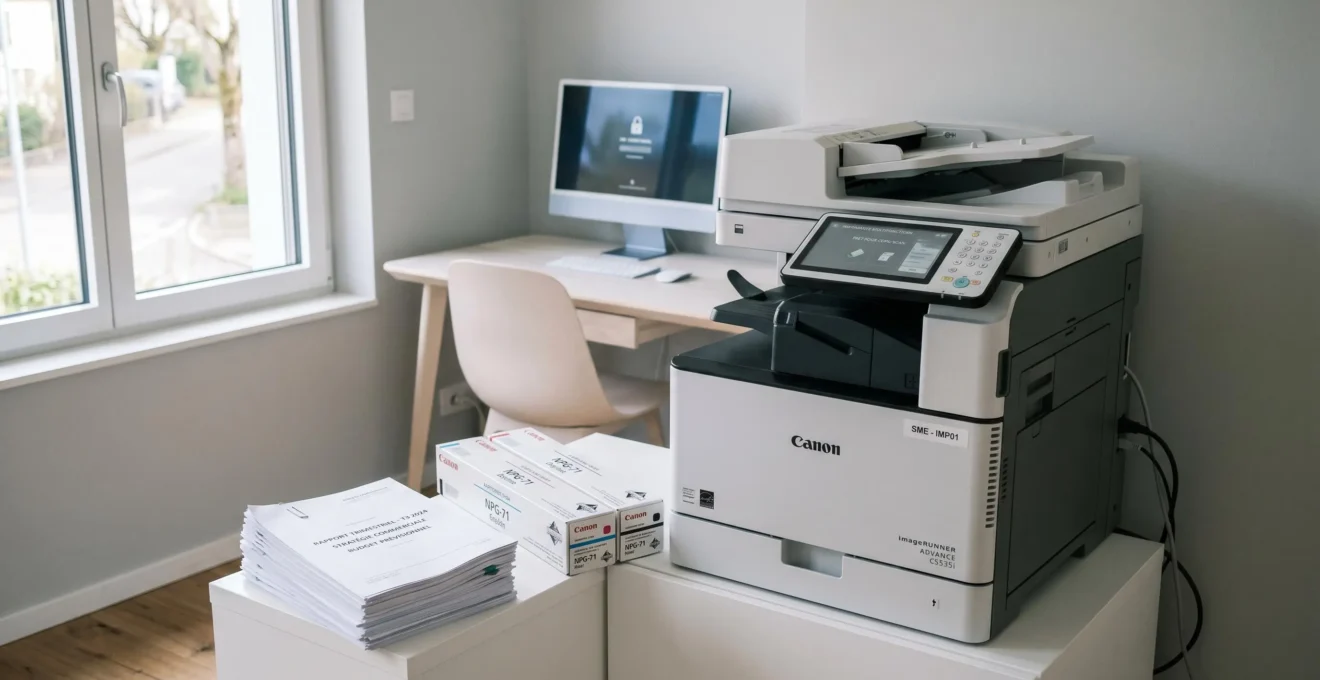 Imprimante multifonction professionnelle dans un bureau contemporain de PME, avec documents imprimés et cartouches de rechange organisés sur meuble bas blanc, éclairage naturel doux