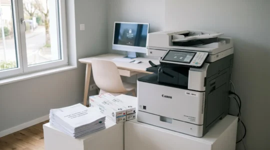 Imprimante multifonction professionnelle dans un bureau contemporain de PME, avec documents imprimés et cartouches de rechange organisés sur meuble bas blanc, éclairage naturel doux