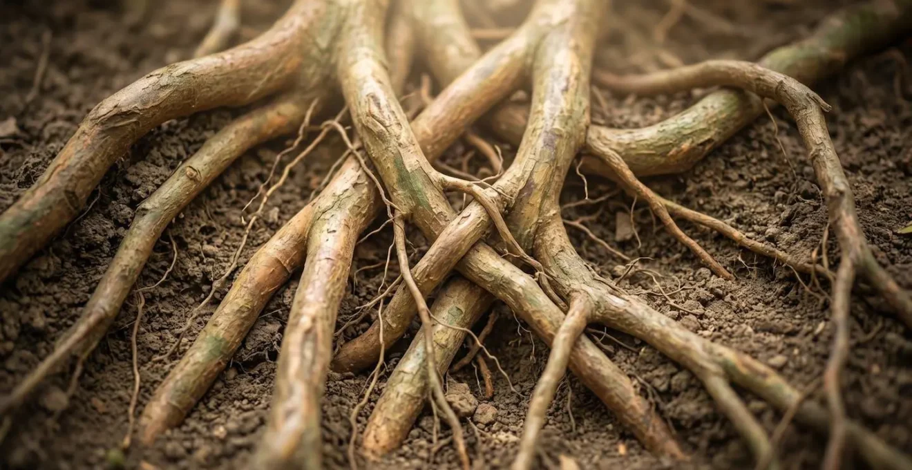Système racinaire d'arbres en coupe transversale montrant plusieurs racines distinctes qui convergent et s'entrelacent sous terre, éclairées par une lumière naturelle douce