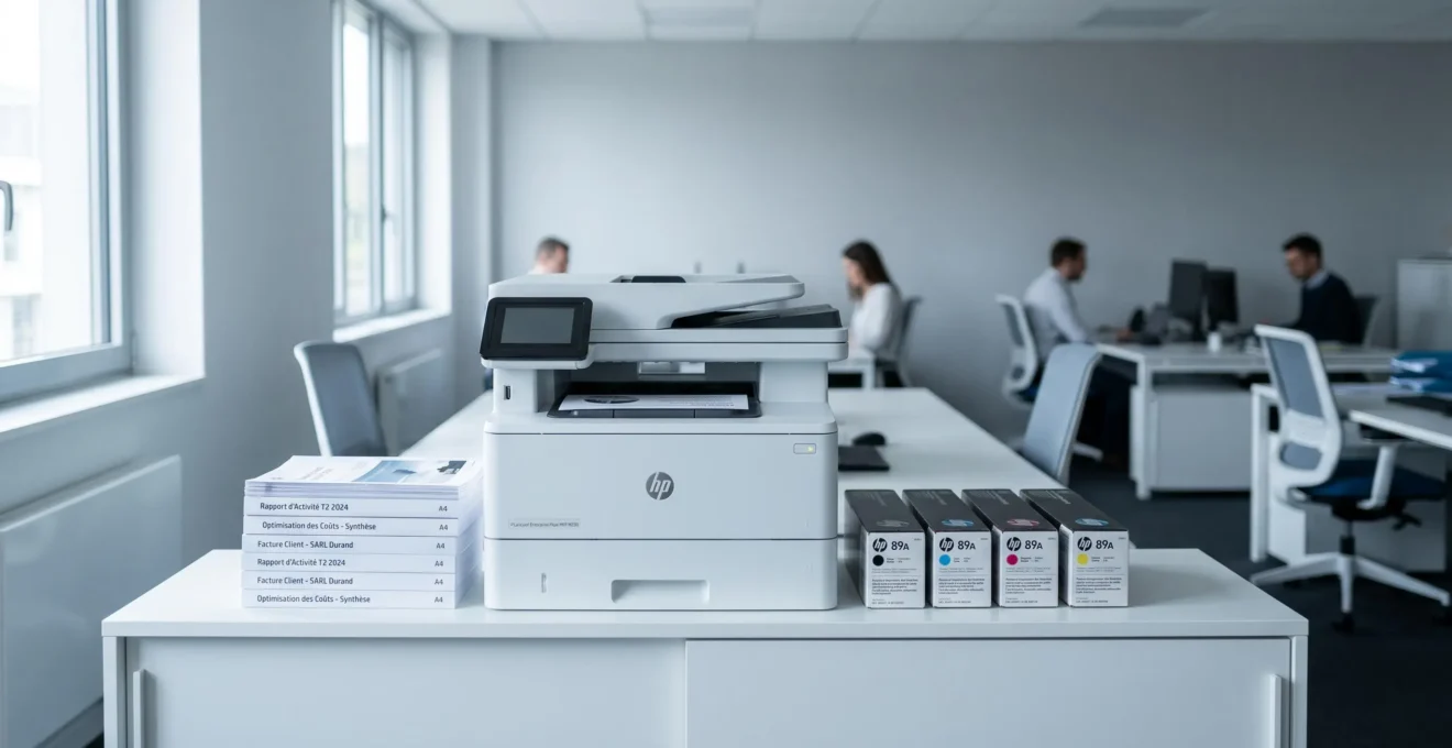 Imprimante multifonction professionnelle dans un bureau contemporain de PME, avec documents imprimés et cartouches de rechange organisés sur meuble bas blanc, éclairage naturel doux