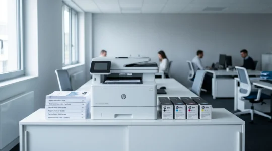 Imprimante multifonction professionnelle dans un bureau contemporain de PME, avec documents imprimés et cartouches de rechange organisés sur meuble bas blanc, éclairage naturel doux